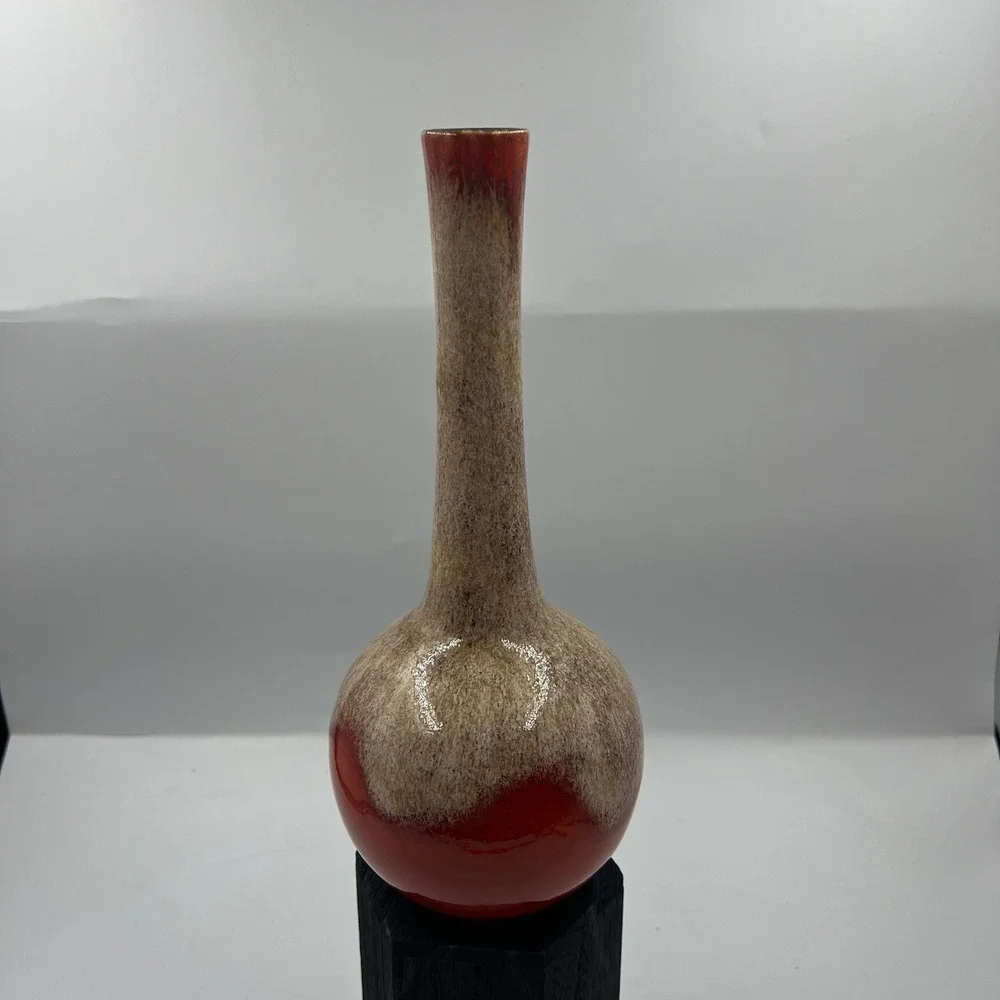 Vtg Royal‎ Haeger Red Burnt Orange Lava Drip Glaze Long Neck Bud Vase MCM 11.5